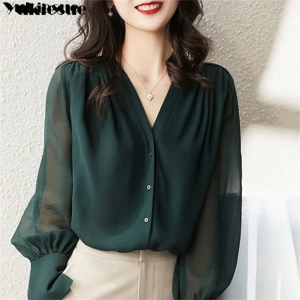 Spring Summer Elegant blouse women Korean Chiffon Shirt Women Long Sleeve Ruffled Women&#39;s shirts and blouses Office Lady Tops