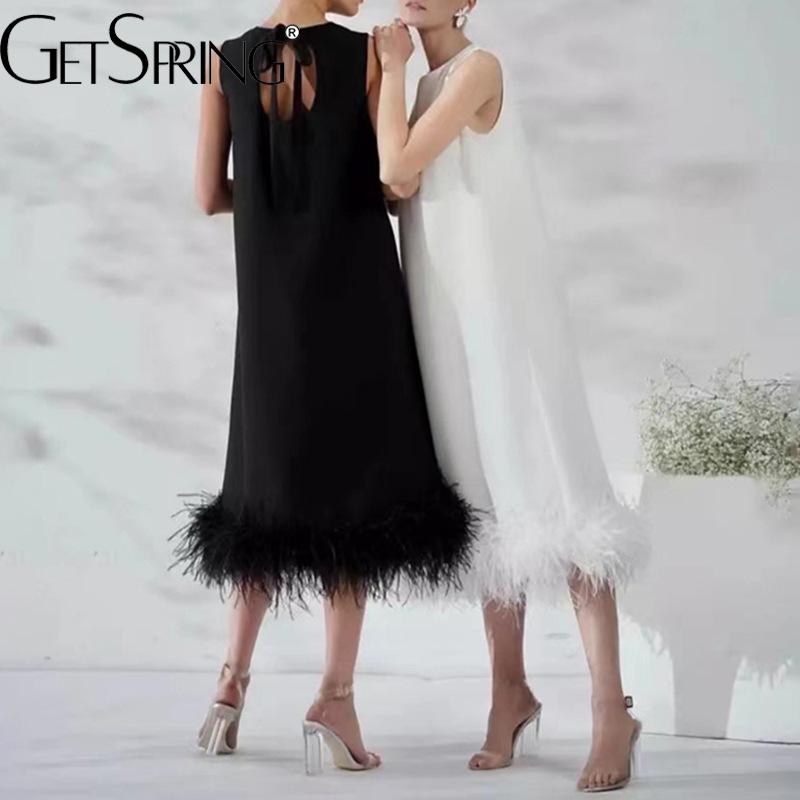 GetSpring Women Dress 2022 Autumn Temperament Round Neck Sleeveless Feather Stitched Lace Up Loose Long Black White Dresses New