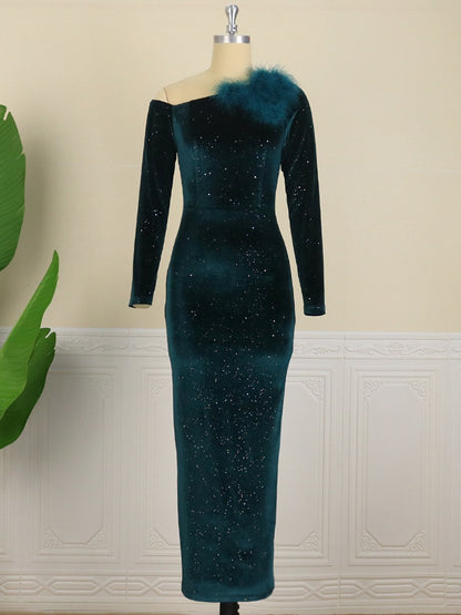 Empire Feather Sequin Evening Gown
