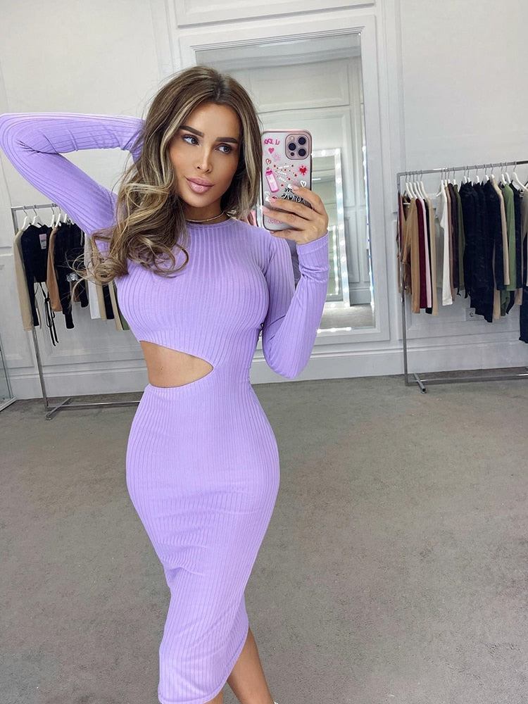 Streetwear Fashion Woman&#39;s Clothing Female Autumn Winter Knitted Midi Dress Women Sexy Cut Out Bodycon Dresses Party Club Robes