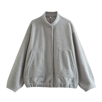 Women&#39;s Casual Loose Stand Collar Jackets 2023 Spring Warm Grey button Long Sleeve Bombers Fashion Plush Solid Female Outwear