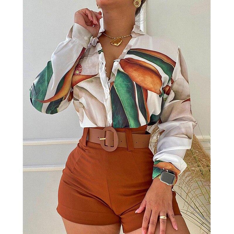 Summer Women Floral Print Long Sleeve Button Down Shirt Tops Blouse and Shorts Suits Elegant Matching Sets 2piece Set no belt