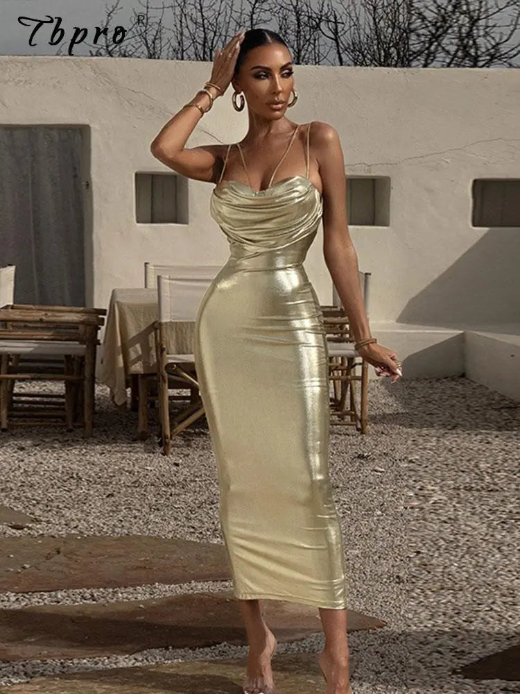 Women Sexy Spaghetti Strap Gold Midi Dress Fashion Wrap Chest Slim Backless Dresses 2023 Summer Party Club Bodycon Vestidos