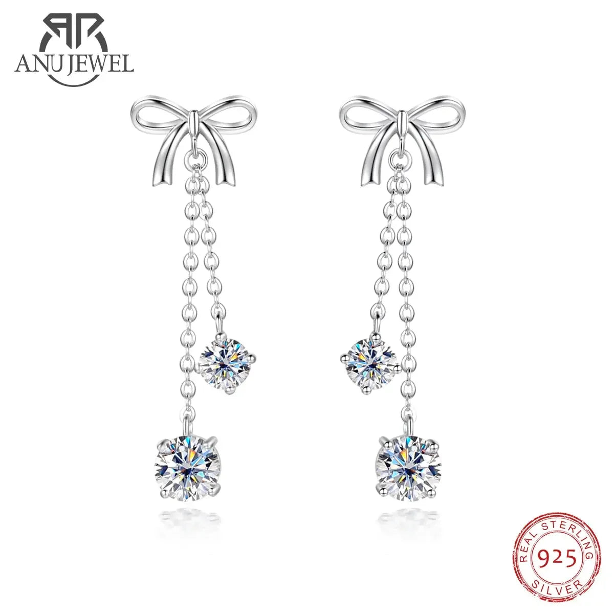 Luxury 3ctw D Color Moissanite Diamond Bow Drop Earrings 925 Sterling Silver Stud Earrings