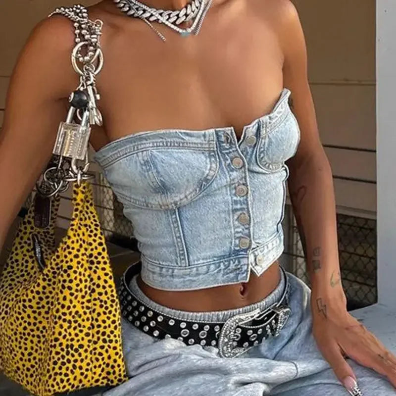 Women's Button Down Denim Bustier Crop Top Strapless Jeans Corset Top Backles Push Up Tank Tops Vintage Harajuku Streetwear