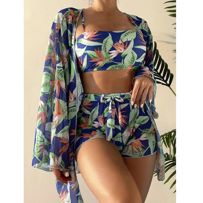 Riseado Bikini 3 Piece Swimsuit Women Swimwear with Cover Up 2023 High Waist Bathing Suit Summer Beachwear Leaf Print Bath Suit