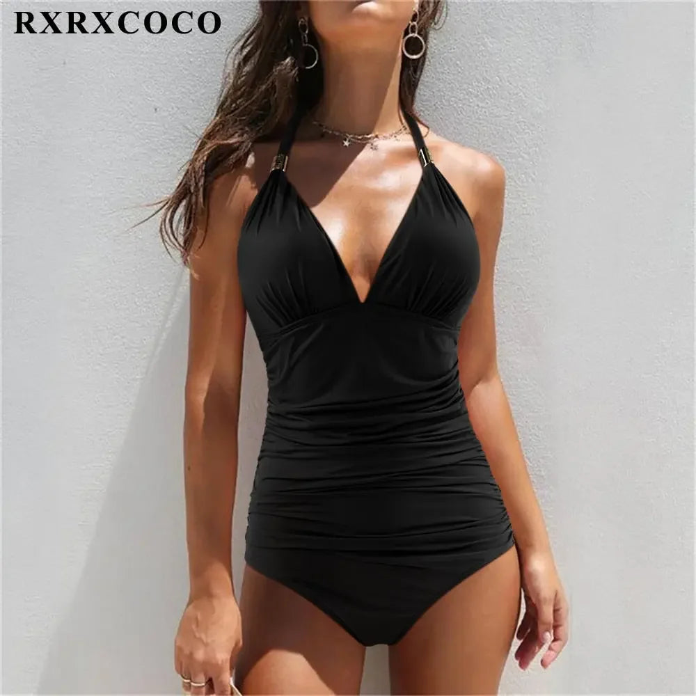 RXRXCOCO Women's Swimsuit One Piece Push Up Swimwear Women Neck Hanging Backless Sexy Bathing Suit Black Blue Beachwear Swimsuit