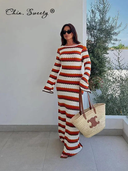 Women's Cotton Knitted Bodycon Backless Dress Striped Hollowed Out Flared Sleeves Ruffle Vestidos O-neck Vacation Wave Cut Robe