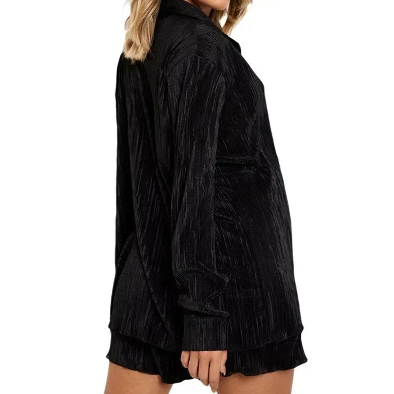 Pleated Shorts Set 2 Piece Outfits for Women 2000s Aesthetic Ruched Long Sleeve Button Down Shirt Tops and Shorts y2k Clothing