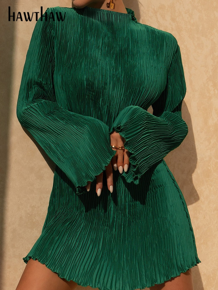 Hawthaw Women Elegant Long Sleeve Streetwear Bodycon Green Fall Mini Dress 2022 Autumn Clothes Wholesale Items For Business