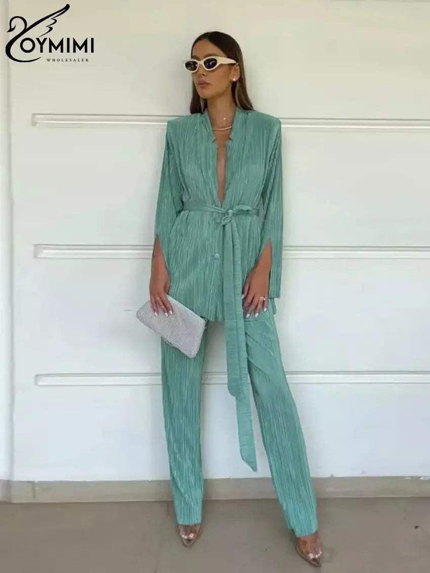 Oymimi Sexy Black Pleated 2 Piece Sets Women Outfit Fashion Loose Slit Long Sleeve Lace-Up Top With High Waist Pants Set Female