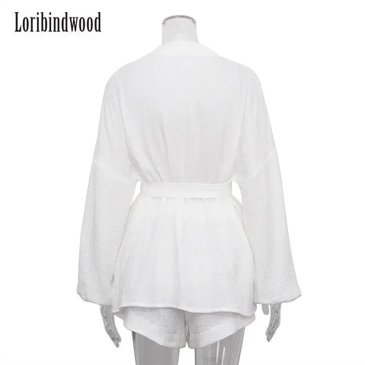 European and American Ins Style 2022 Summer White Lace-up Fashionable Top Casual Loose High Waist Shorts Two-Piece Set