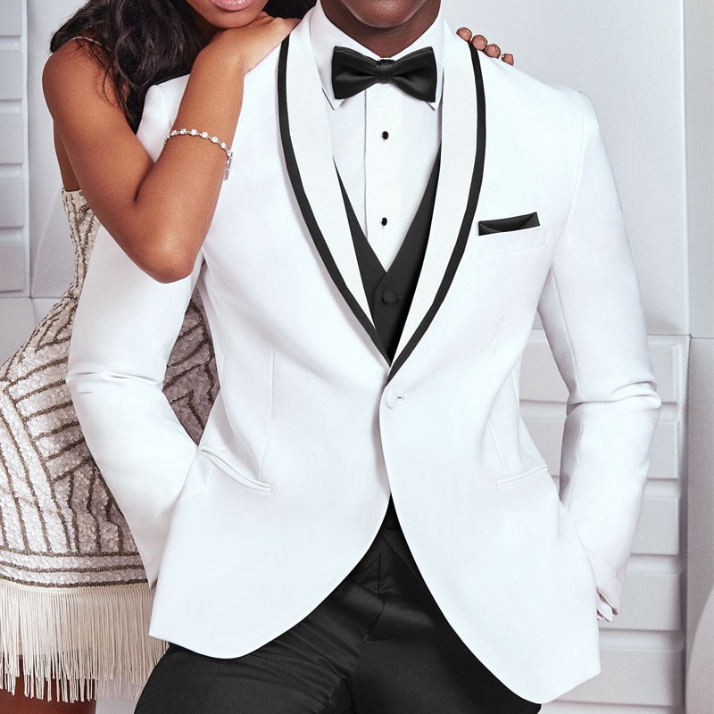 White and Black Wedding Tuxedo for Groom Slim Fit Suits for Men 3 Piece Male Fashion Suit Jacket with Pants Vest 2023 Costume