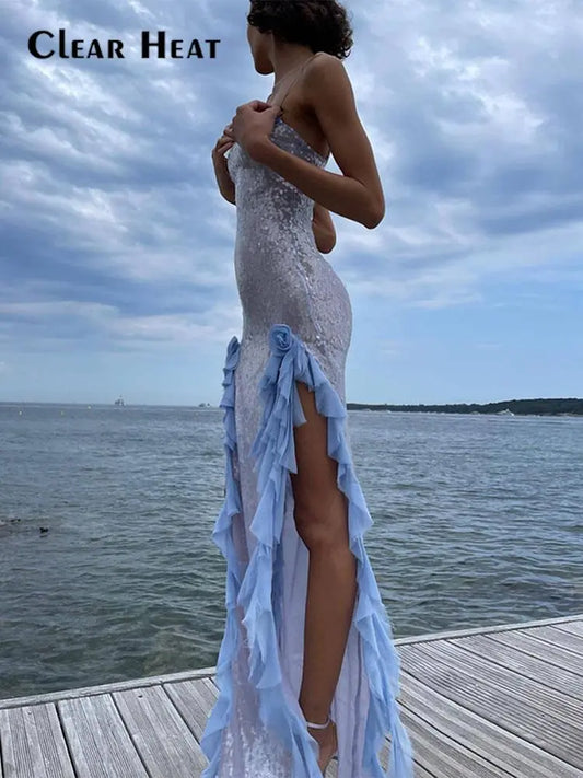 Sexy Sequins Ruffle Split Irregular Slim Dress Women Fashion Sleeveless Backless Flower Blue Vestidos Elegant Party Robe 2023