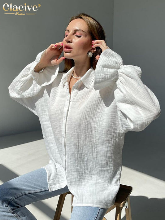 Clacive Fashion White Office Woman Blouses 2022 Autumn Lapel Long Sleeve 100%Cotton Shirts Lady Elegant Chic Top Female Clothes