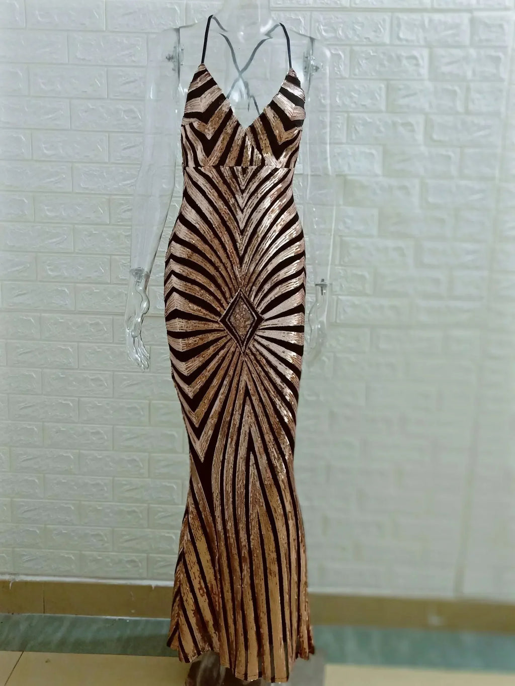 LUX Sequin Crystal Beaded Champagne Deep V Formal Gown