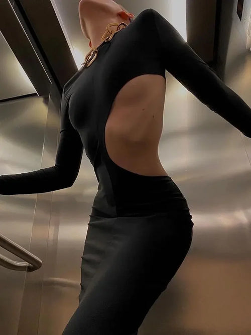 Black Cut Out Round Neck Long Sleeve Club Dress