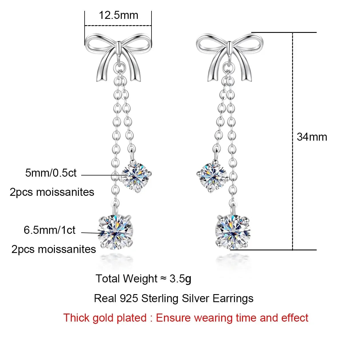 Luxury 3ctw D Color Moissanite Diamond Bow Drop Earrings 925 Sterling Silver Stud Earrings