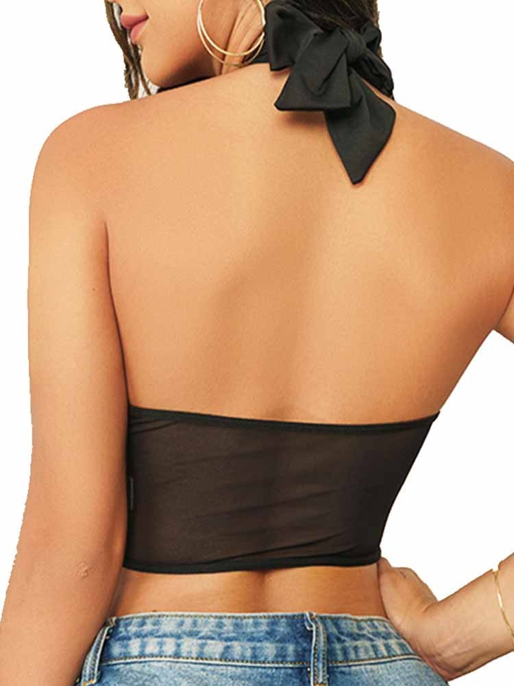 Sexy Cross Halter Corset Bustier Mesh Bone Tank Tops Women Tie Up Wrap Tube Tops Backless Slim Fit Cut Out Front Tops