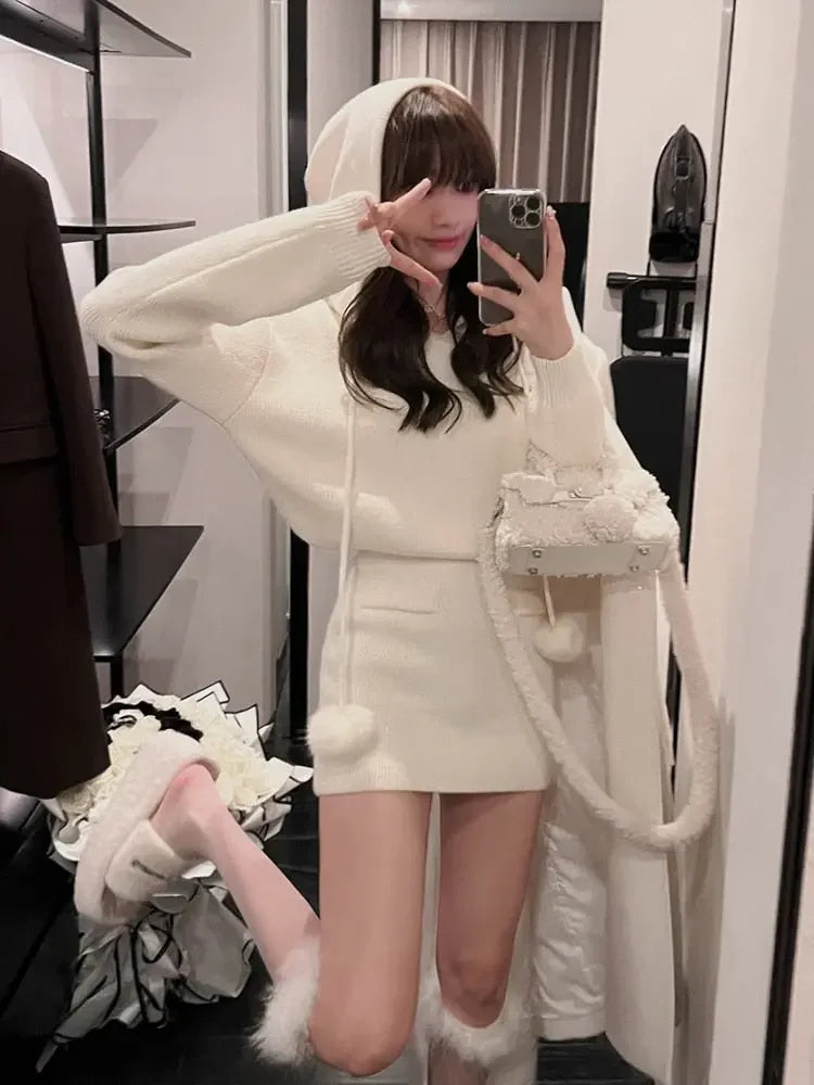 Solid Vintage Knitted Mini Dress Women Street Fashion Casual Y2K Hoodie Dress Female Sexy Long Sleeve Sweater Dress Autumn 2022