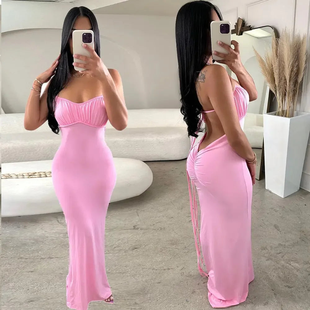 Backless Pink Pleat Dress Sexy Club Party Bodycon Fashion Evening Dresses Women 2023 Summer Clothing Elegant Luxury Maxi Dresses