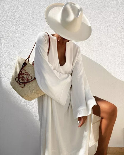 Lemongor Flared Sleeves Solid Color Deep V-Neck Sexy Beach Vacation Dress Summer Long Sleeve Casual Midi Dresses For Women