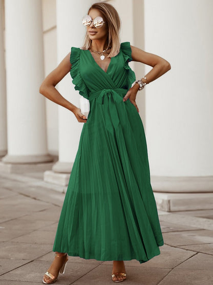 Fashion Elegant Women Dress Sleeveless V neck Long Summer Dress Sexy Pleat Party Dress Female Chiffon Maxi Green Dress With Belt