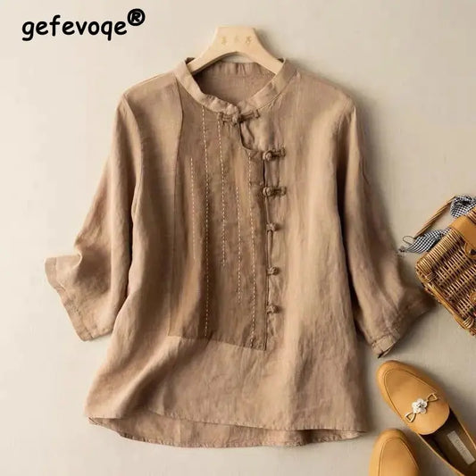 Vintage Ethnic Style Patchwork Loose Cotton Linen Shirt for Women Simple Three Quarter Sleeve Ladies Blouses Tops Clothes 2023