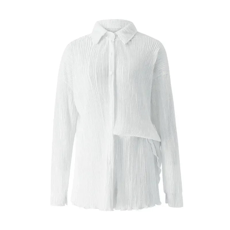 Pleated Shorts Set 2 Piece Outfits for Women 2000s Aesthetic Ruched Long Sleeve Button Down Shirt Tops and Shorts y2k Clothing