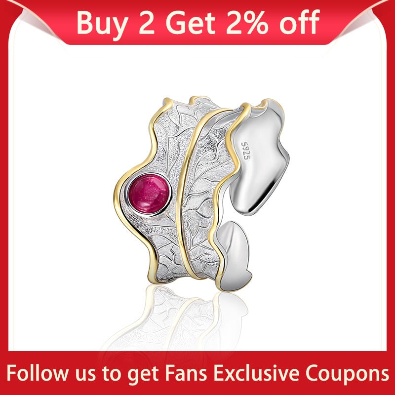 Lotus Fun Real 925 Sterling Silver Ring Natural Tourmaline Gemstones Fine Jewelry Adjustable Peony Leaf Rings for Women Bijoux