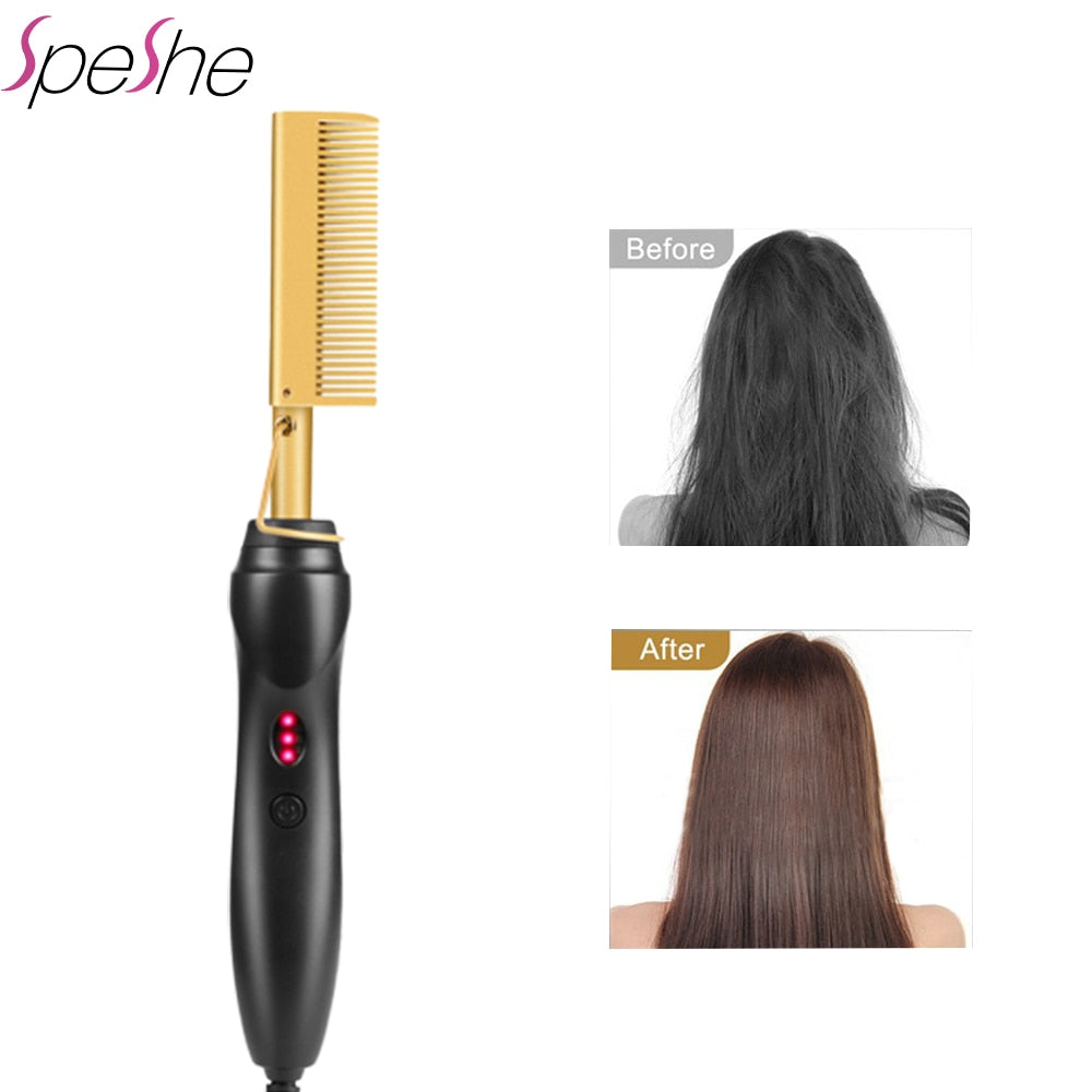 Heated Hair Straightener Comb Professional Hair Flat Irons Curling Brush Gold Titanium Alloy Hair Straightener Hot Comb