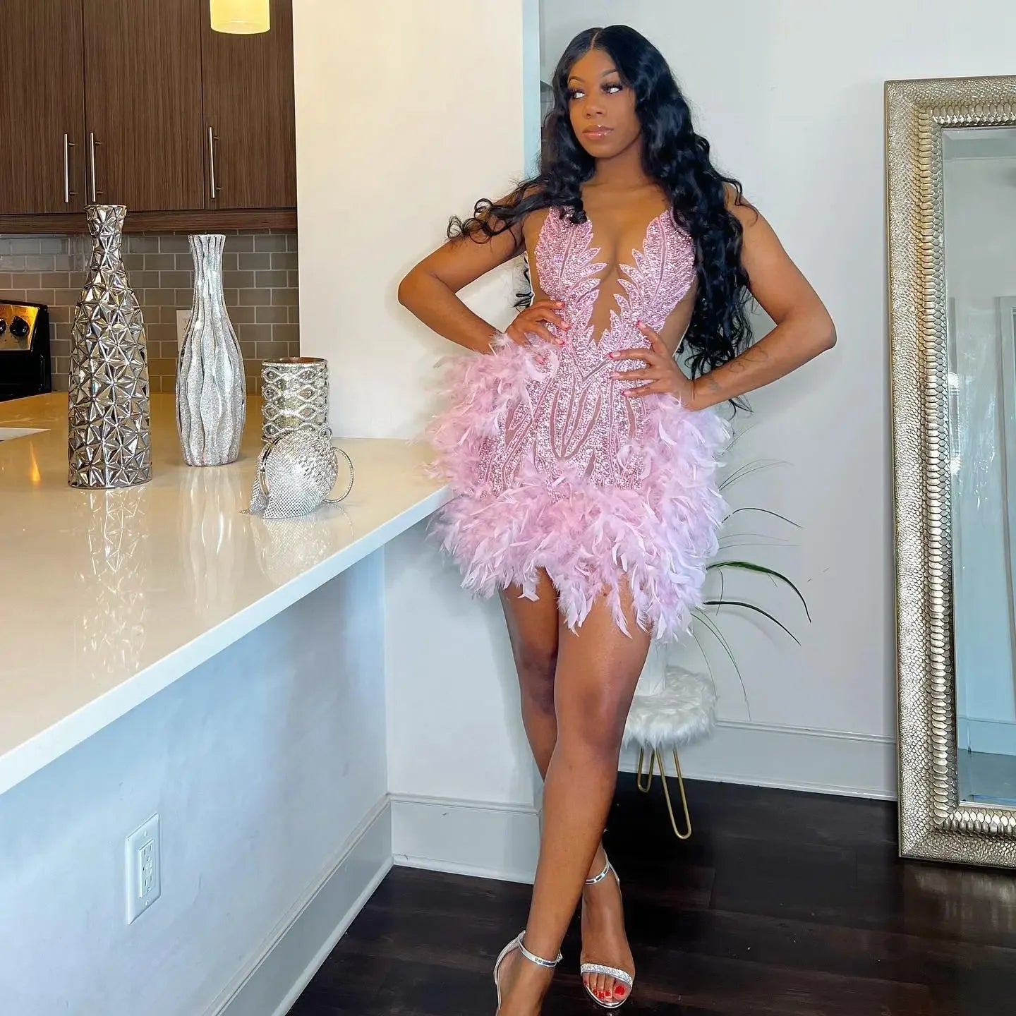 Luxury Sheer Pink Feather Birthday Dress