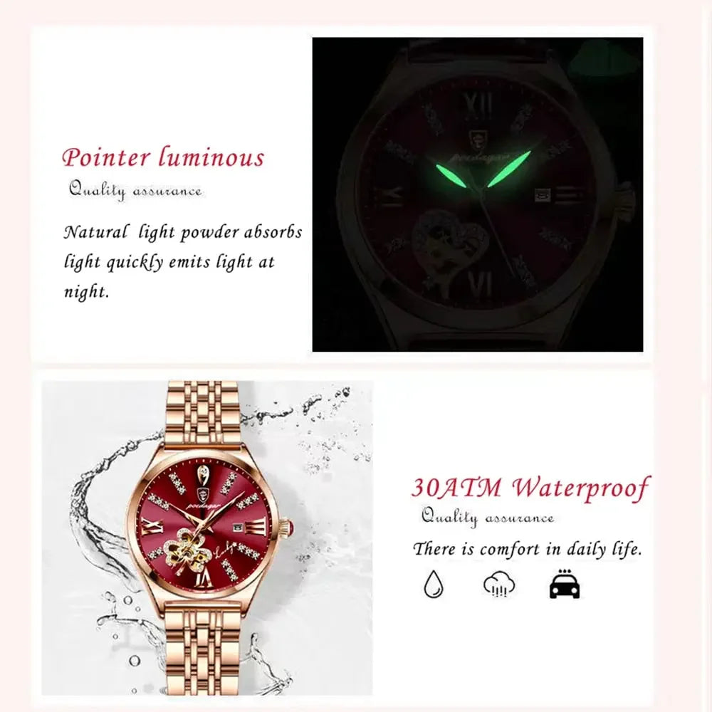 Luxury Wine Red Quartz Waterproof Stainless Watch