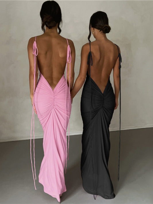 Pink Backless Sexy Maxi Dresses for Women 2023 Spaghetti Strap Ruched Bodycon Dress Wedding Evening Party Dress Elegant Luxury