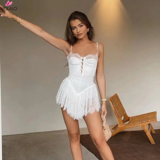 VOLALO Sexy Solid White Stitching Lace Bra Corset style Spaghetti Strap Mini Dress Women Backless Party Skater Short Sling Robe