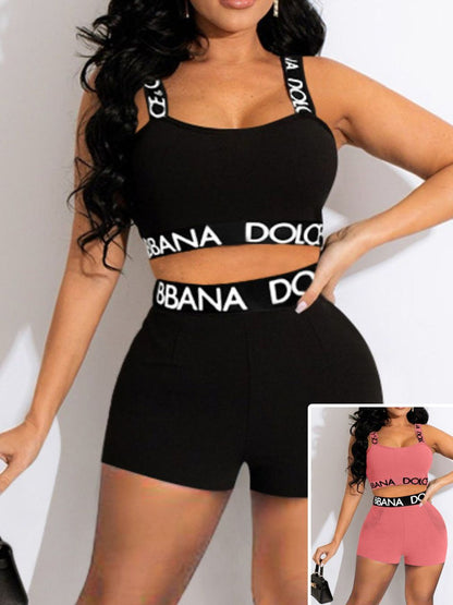 LW Sexy Matching 2pcs Outfits Cami Letter Print Shorts Set Sleeveless U Neck Vests Crop Top&Elastic Waist Skinny Short Pants