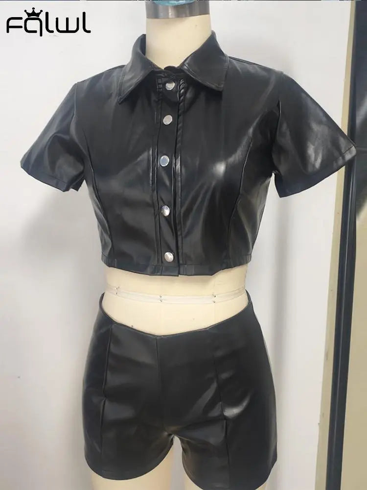 FQLWL Casual Faux Pu Leather Women 2 Two Piece Set Women Outfits Bandage Short Sleeve Crop Top Skinny Shorts Black Matching Sets