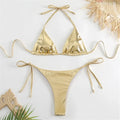 Halter Triangle Sexy Bikini Sets 2023Women Patent Leather Glitter Swimsuit Summer Solid G-String Swimwear Side Lace Up Monokini