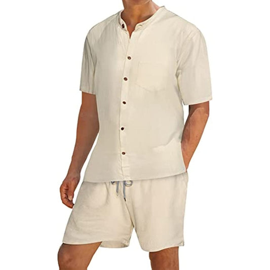 2023 Men's Linen Set Short Outfit 2 Piece Tracksuit Short Sleeve Shirt and Drawstring Waist Pants with Pockets