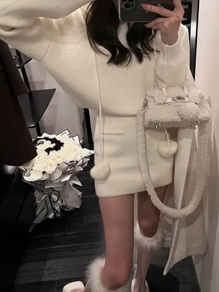 Solid Vintage Knitted Mini Dress Women Street Fashion Casual Y2K Hoodie Dress Female Sexy Long Sleeve Sweater Dress Autumn 2022