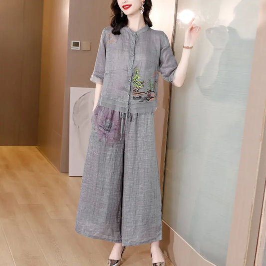 Chinese Style Women's Casual Cotton And Linen Shirt Two Piece Suit Summer Thin Mother Fashion Linen Wide Leg Pants Set h1959