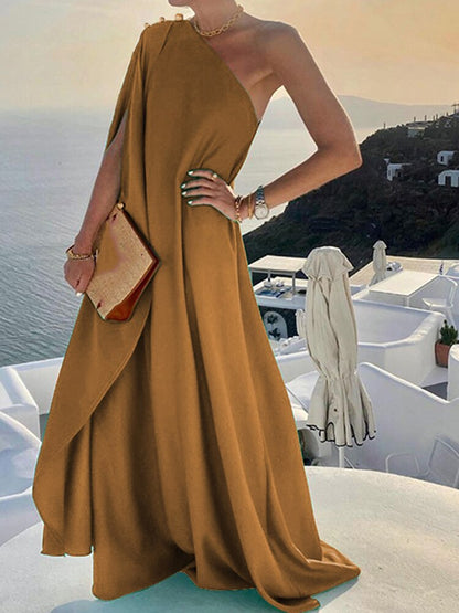 New Summer Fashion One Shoulder Button Beach Long Dress Elegant Women Solid Loose Party Dress Sexy Diagonal Neck Boho Robe Dress