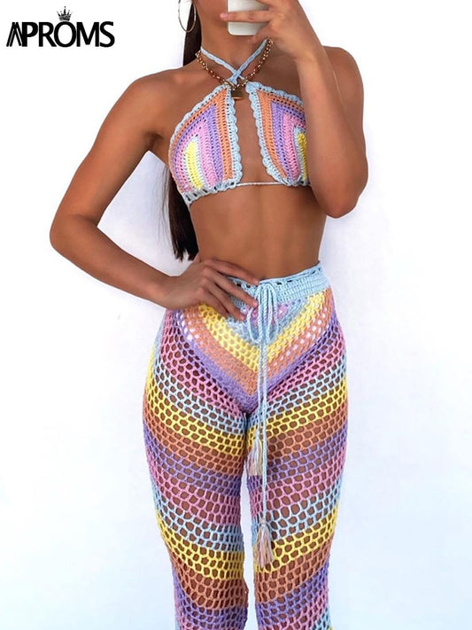 Aproms Elegant Colorful Cotton Blend Crochet 2 Piece Set Women 2022 Summer Festival Stretch Top and Pants Beach Outfit Coverup