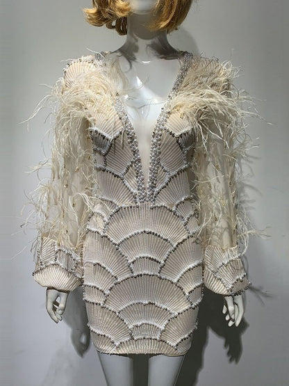 LUX Beaded Long Sleeve Luxury Dubai Feather Party Dress