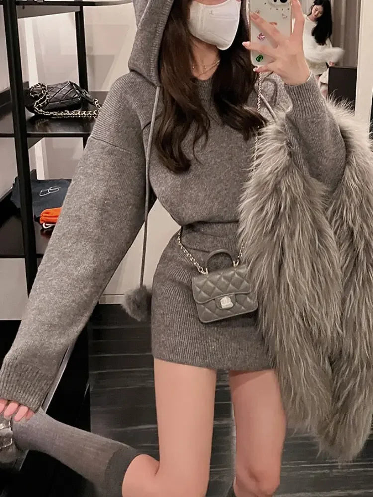 Solid Vintage Knitted Mini Dress Women Street Fashion Casual Y2K Hoodie Dress Female Sexy Long Sleeve Sweater Dress Autumn 2022