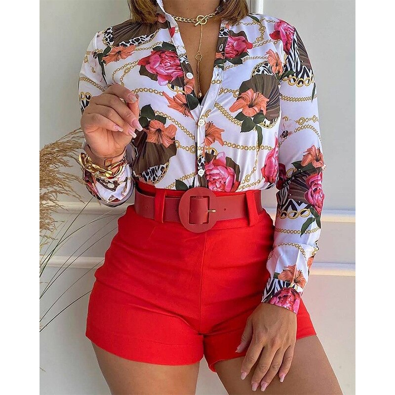 Summer Women Floral Print Long Sleeve Button Down Shirt Tops Blouse and Shorts Suits Elegant Matching Sets 2piece Set no belt