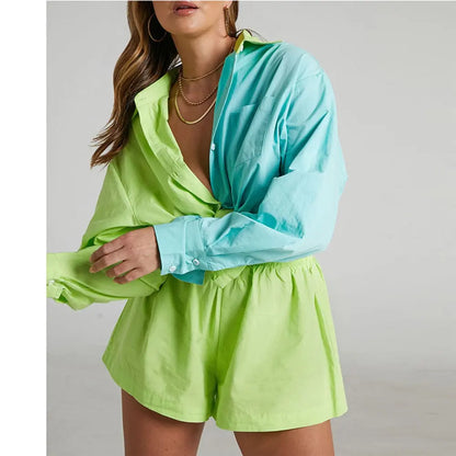 Summer Office ZA High Waist Green Shirt Women Turn Down Collar Long Sleeve Tops and Shorts Suit Cotton Casual Two Piece Sets