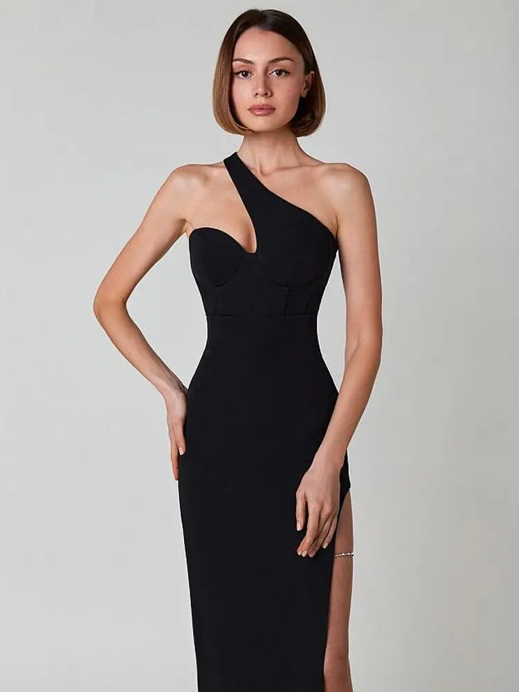 New Summer Women One Shoulder Bandage Dress Sexy Hollow Out Sleeveless Diamonds Celebrity Evening Club Party Midi Vestidos