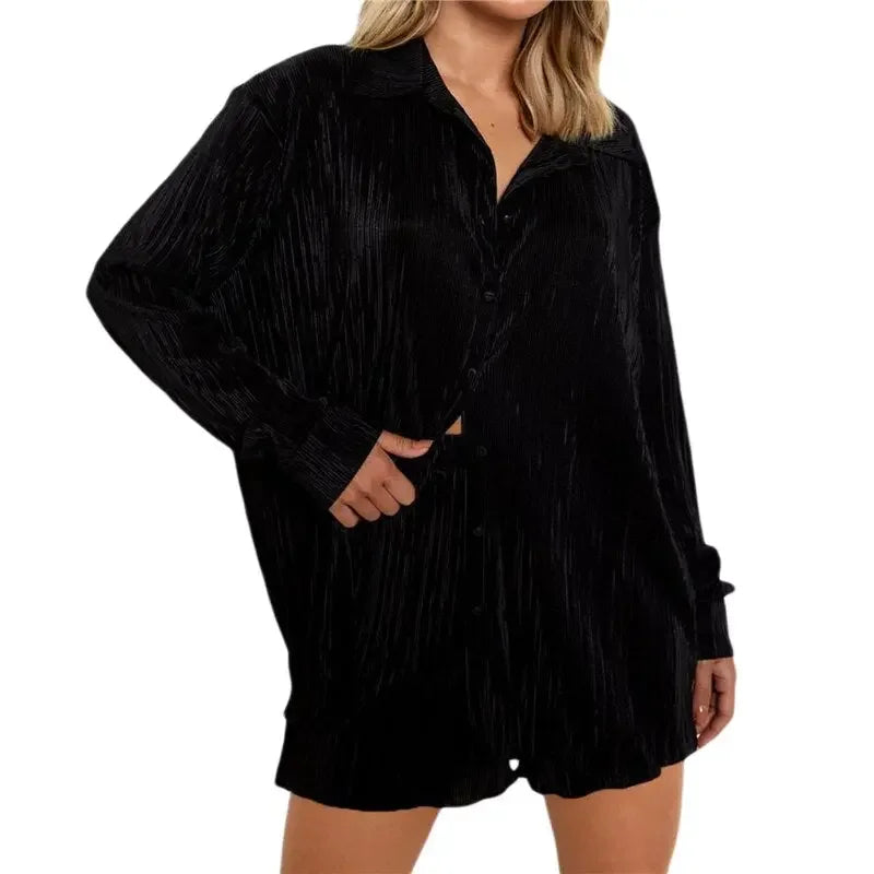 Pleated Shorts Set 2 Piece Outfits for Women 2000s Aesthetic Ruched Long Sleeve Button Down Shirt Tops and Shorts y2k Clothing
