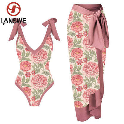 LANSWE Retro Print Deep V Peony One-Piece Swimsuit One-Piece 2023 Women Smock Swimwear Two-Piece Suit Summer Beach Wear Brazil